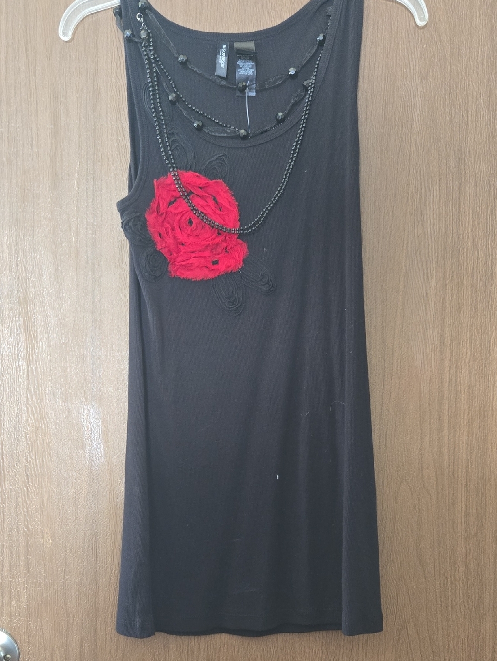 Black Tank Top with Red Floral Accent